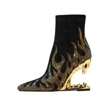 YIYA Women's Sexy Rhinestone Boots with Flame Texture, Pointed Toe Beast Teeth Wedge Heeled Ankle Booties,Fashion Banquet Dress High Heels Shoes - màu đen - Xem 2