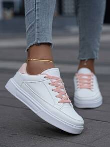 Mujer cómodo antideslizante de caña baja plano con cordón casual moda todo-coincidencia pequeño blanco Zapatos Zapatillas deportivas Zapatillas deportivas - Rosa - Ver 4