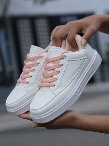 Mujer cómodo antideslizante de caña baja plano con cordón casual moda todo-coincidencia pequeño blanco Zapatos Zapatillas deportivas Zapatillas deportivas - Rosa - Ver 6