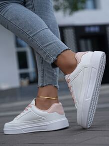 Mujer cómodo antideslizante de caña baja plano con cordón casual moda todo-coincidencia pequeño blanco Zapatos Zapatillas deportivas Zapatillas deportivas - Rosa - Ver 5