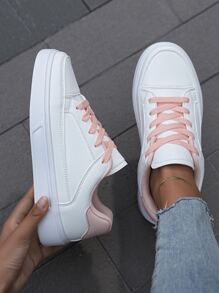 Mujer cómodo antideslizante de caña baja plano con cordón casual moda todo-coincidencia pequeño blanco Zapatos Zapatillas deportivas Zapatillas deportivas - Rosa - Ver 1