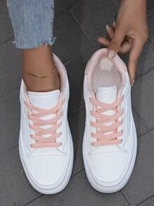 Mujer cómodo antideslizante de caña baja plano con cordón casual moda todo-coincidencia pequeño blanco Zapatos Zapatillas deportivas Zapatillas deportivas - Rosa - Ver 2