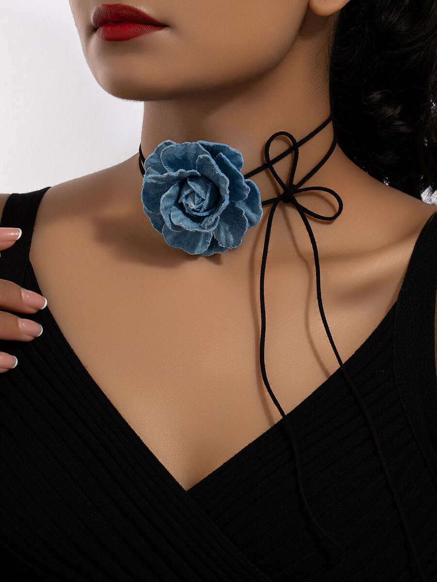 1 Pc Denim Rosette Decor Suede Wrap Choker Rose Flower Necklace for Women - Jewelry for Summer