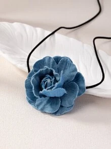 1 Pc Denim Rosette Decor Suede Wrap Choker Rose Flower Necklace for Women - Jewelry for Summer