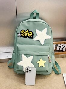 1入組女孩青少年休閒校園背包帶有字母和星星圖案,非常適合上學、旅行或放置筆記本電腦 - 綠色 - 查看 2