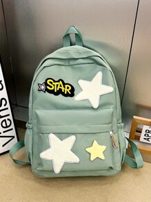 1入組女孩青少年休閒校園背包帶有字母和星星圖案,非常適合上學、旅行或放置筆記本電腦 - 綠色 - 查看 1