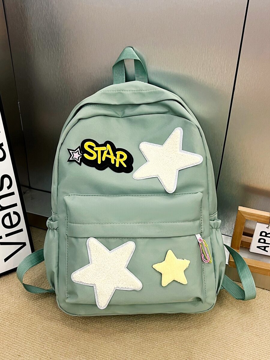 1入組女孩青少年休閒校園背包帶有字母和星星圖案,非常適合上學、旅行或放置筆記本電腦 - 綠色 - 查看 1