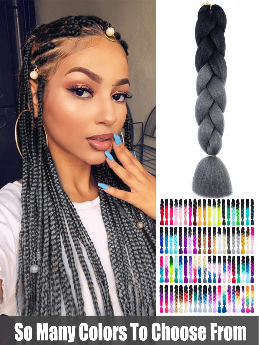 1 件多色缝线大辫子合成发 24 英寸头发编织延长辫子盒状辫子头发合成发编织，渐变色长合成发辫子，黑色和深灰色渐变非洲编织天然发延长，女士高温合成纤维扭结钩针编织辫子，合成发延长 100g