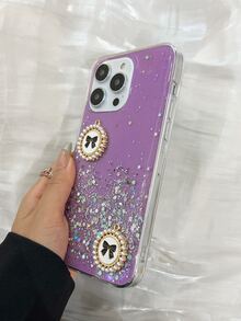 綁結蝴蝶結人造珍珠裝飾金屬亮絲TPR聚氨酯手機殼 - 紫色 - 查看 6