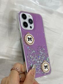 綁結蝴蝶結人造珍珠裝飾金屬亮絲TPR聚氨酯手機殼 - 紫色 - 查看 7