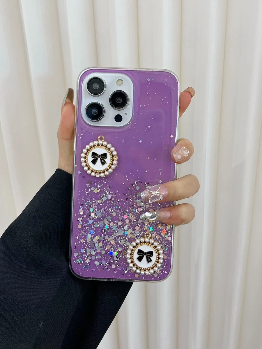 綁結蝴蝶結人造珍珠裝飾金屬亮絲TPR聚氨酯手機殼 - 紫色 - 查看 1