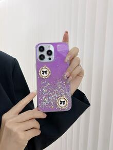 綁結蝴蝶結人造珍珠裝飾金屬亮絲TPR聚氨酯手機殼 - 紫色 - 查看 2