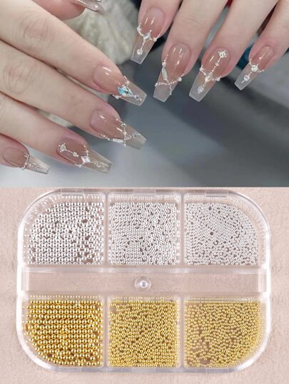 6 rutnät 3D stålpärlor nagelkonstdekoration guld silver metall minipärlor blandade storlekar runda bollar gör-det-själv nageldesign dekor smycken tillbehör nagelberlocker nagelstenar nageltillbehör naglar