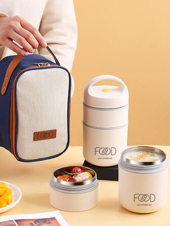 1 st 304 rostfritt stål, liten mjölkvit termisk mugg (17,42 oz/23,23 oz) med isolerad bärbar väska, för kontorsarbetare, 2 timmar långvarig värmeisolering för mat/soppa, kök, julklapp