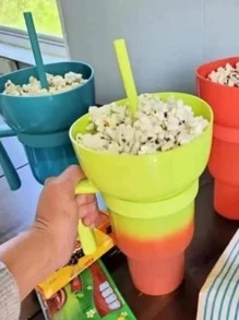 1 Taza Creativa Para Bocadillos Y Bebidas De Palomitas De Maíz Con Asa, Pajita Y Tapa