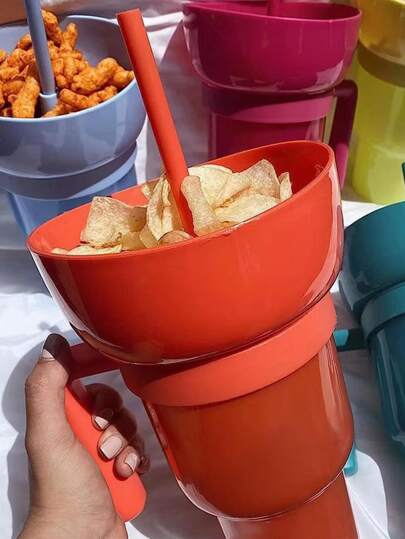1 Taza Creativa Para Bocadillos Y Bebidas De Palomitas De Maíz Con Asa, Pajita Y Tapa
