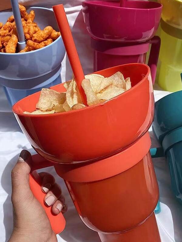 1pc Creative Popcorn Snack And Beverage Cup With Handle, Straw And Lid