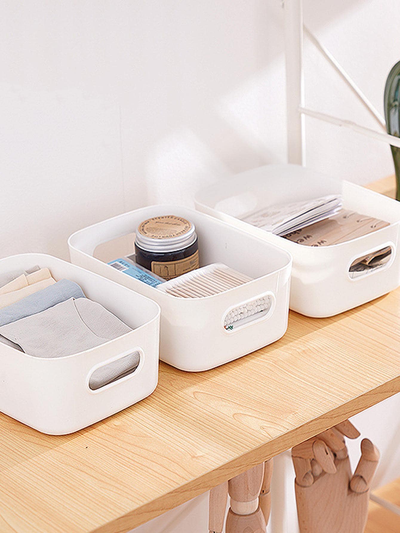 1pc White Desk Storage Basket Makeup Organizer Box With Lid, Plastic