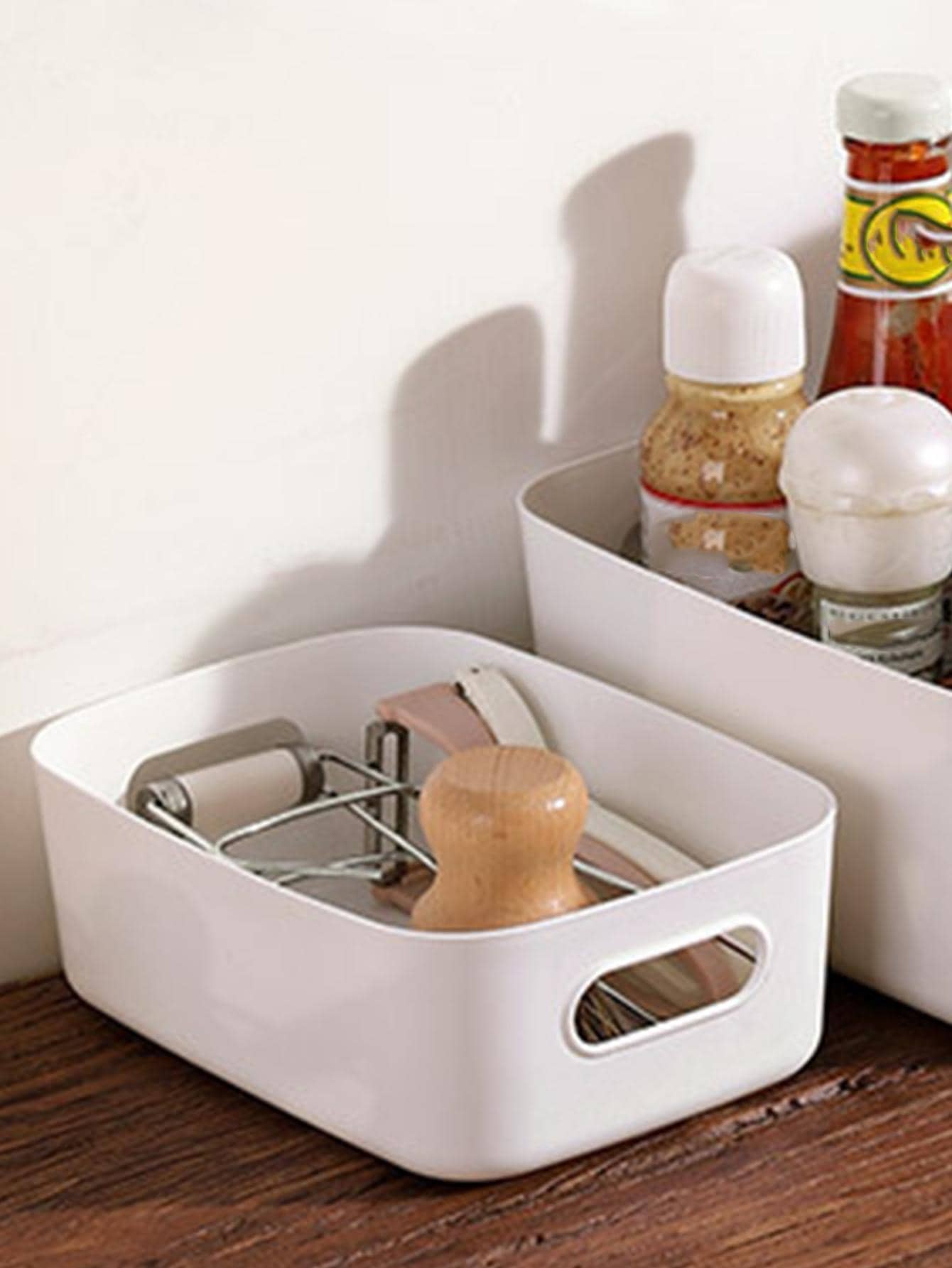 1pc White Desk Storage Basket Makeup Organizer Box With Lid, Plastic