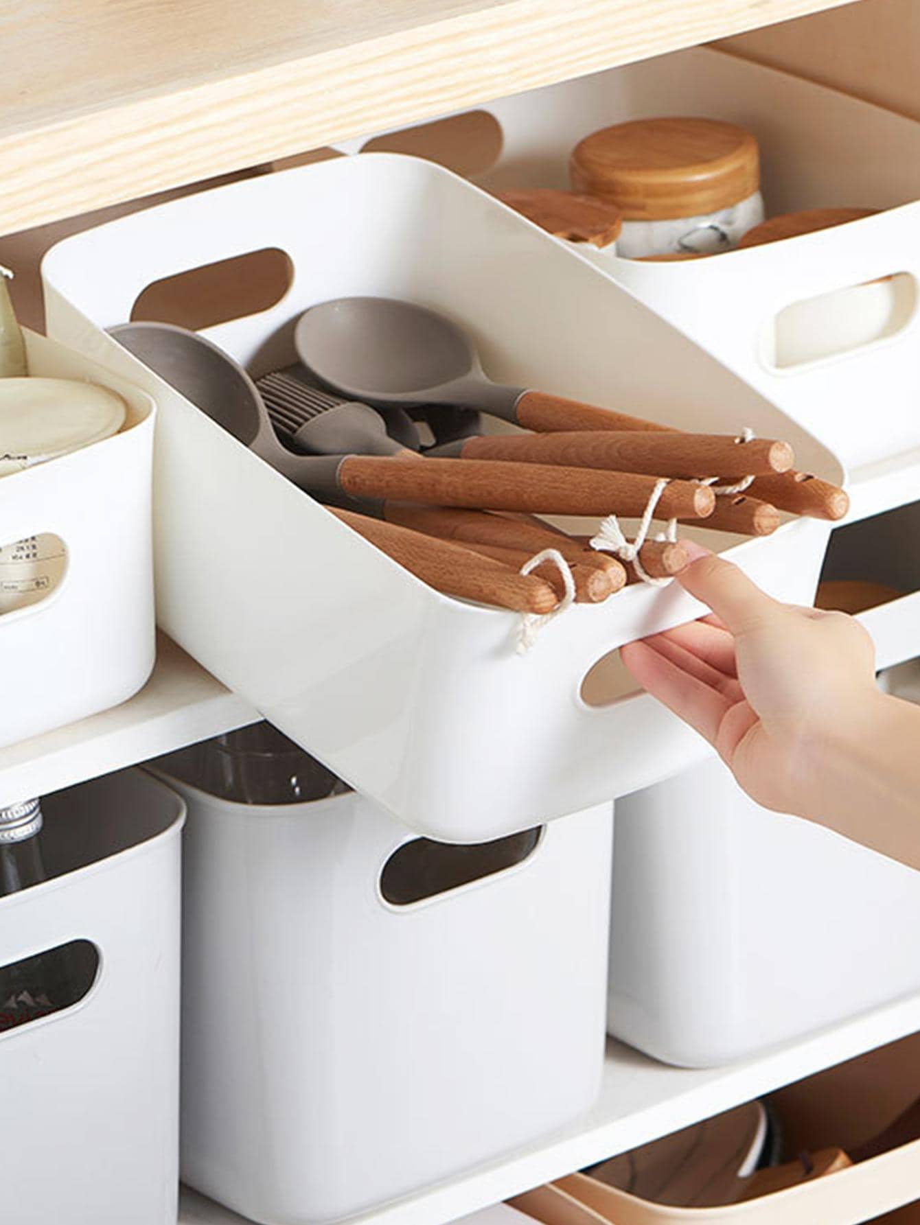 1pc White Desk Storage Basket Makeup Organizer Box With Lid, Plastic