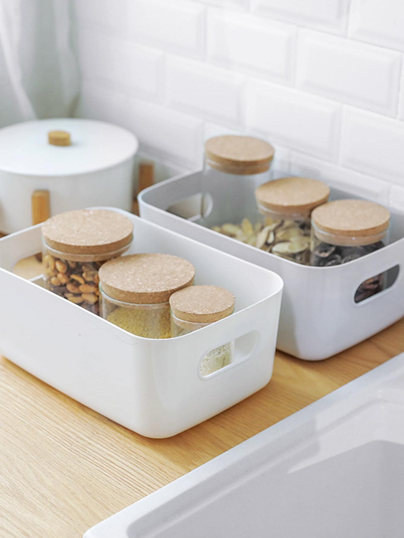 1pc White Desk Storage Basket Makeup Organizer Box With Lid, Plastic