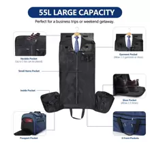 55L Foldable Duffel Bag, Convertible Travel Garment Bag With 13 Compartments, 2 In 1 Weekender Bag With Shoulder Strap, Shoes Compartment, Carry On Garment Bag For Men Women - 2 In 1 Hanging Suitcase Suit Travel Bags (Blue) - 藍色 - 查看 2