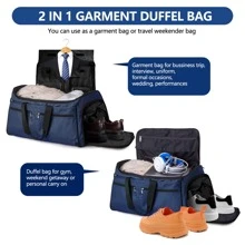 55L Foldable Duffel Bag, Convertible Travel Garment Bag With 13 Compartments, 2 In 1 Weekender Bag With Shoulder Strap, Shoes Compartment, Carry On Garment Bag For Men Women - 2 In 1 Hanging Suitcase Suit Travel Bags (Blue) - 藍色 - 查看 5