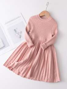 Young Girl Casual Simple Solid Color Long-Sleeved Pleated Sweater Dress Autumn And Winter - Pink - View 1