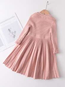 Young Girl Casual Simple Solid Color Long-Sleeved Pleated Sweater Dress Autumn And Winter - Pink - View 2
