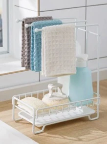 1pc Modern Minimalist Style White Spray Painted Metal Iron Kitchen Wall Organizer For Towels, Sponges And Scrubbers, Sink Accessories (no Drilling Required) - trắng - Xem 3