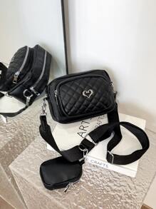 2pcs Mini Fashionable Solid Colored Embroidery Crossbody Bags For Women,Casual,School Bag Set,Portable,Classic Casual,Business Casual,For Teen Girls Women College Students,White-Collar Workers,College,Perfect For Office,Elementary School, School Bag With Pouch For Women - Black - View 1