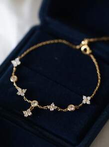 BALMORA 1pc Sterling Vintage S925 Silver Simple Cute Fashion Exquisite Shining Flower Zirconia Gold Flower Chain Bracelet For Women Friend Lover Birthday Jewelry Gift