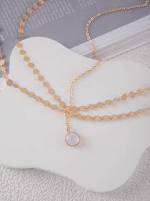 imoli 1pc Simple & Elegant Round Disc Chain Necklace With Circular Rhinestone Pendant For Women, Evening Party Gift - Gold - View 4