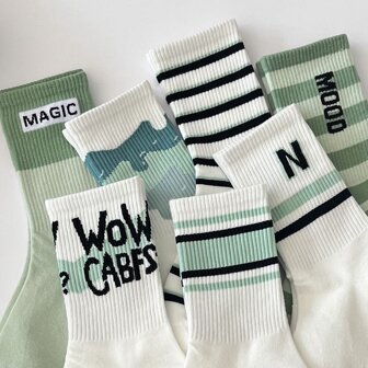 7 Pairs Of Socks Women's Mid-Tube Socks Ins Style All-Match Socks Highly Attractive Forest System High Street Autumn Green Student Sports Long Tube