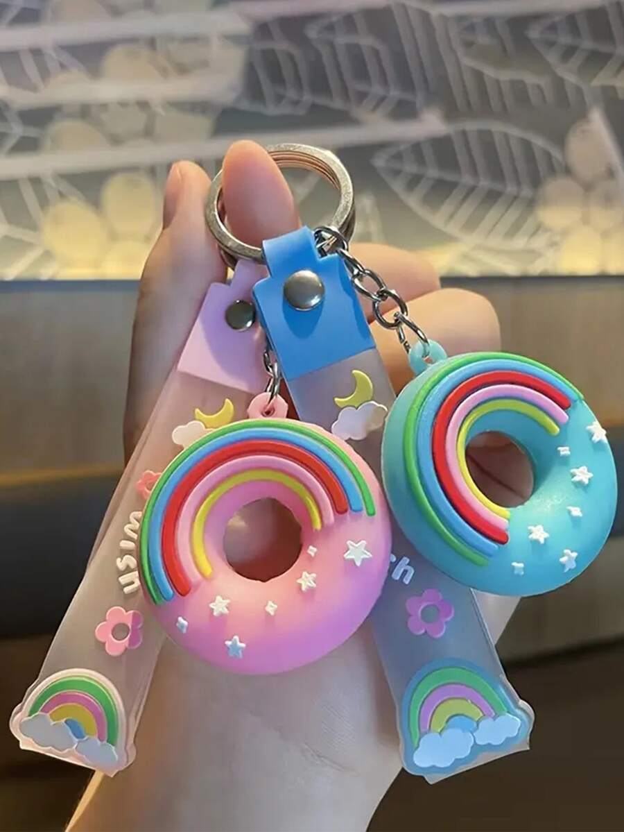 Simulation Rainbow Donut Keychain Cute Cartoon Bag Key Chain Keyring Ornament Bag Purse Charm Accessories - Blue - View 1
