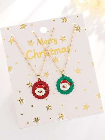 2pcs Christmas Santa Clause Design Oil Drop Disc Pendant Necklace