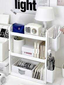 1入組ins風格雙層鏤空桌面收納帶鉤子,筆筒和收納架子