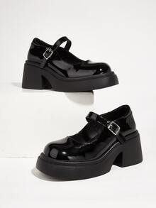 女性時尚復古甜美風圓頭瑪麗珍防水台鞋 - 黑色 - 查看 1