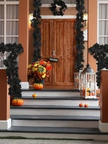 1pc Halloween Black Imitation Maple Leaf Wreath, Artificial Flower Wreath, Halloween Decoration, Party Household Background Decoration