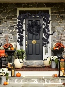 1pc Halloween Black Imitation Maple Leaf Wreath, Artificial Flower Wreath, Halloween Decoration, Party Household Background Decoration