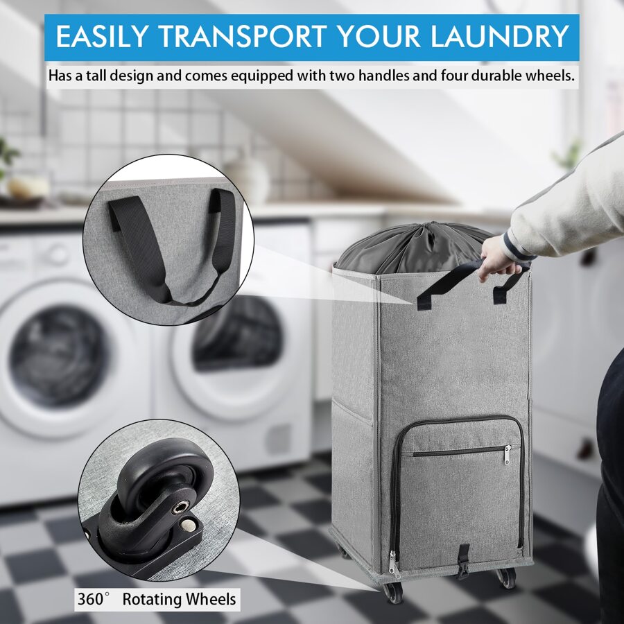 Laundry Basket With Wheels, Freestanding Rolling Laundry Hamper