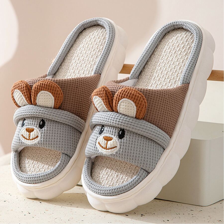 时尚可爱卡通动物图案情侣家居拖鞋带绑带 - 灰色 - 查看 1