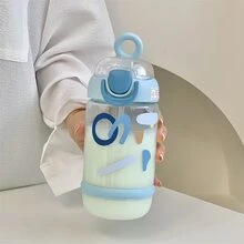 可愛的可攜式杯子，高溫耐用的吸管水瓶，家庭和辦公室使用的便攜杯，600毫升 - 藍色 - 查看 2