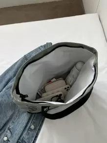 大容量休闲手提包，新款学生单肩包，时尚海外风手提包，亮粉色字母图案帆布手提包，轻便单肩包，休闲实用通勤电脑包，妈妈包，背包，适合上学、户外活动、徒步旅行、登山、运动场、郊游、学院风 - 軍綠色 - 查看 6