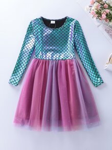 Young Girl Long Sleeve Mermaid Mesh Splicing Ombre Long Dress - Purple - View 1