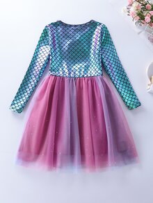 Young Girl Long Sleeve Mermaid Mesh Splicing Ombre Long Dress - Purple - View 2