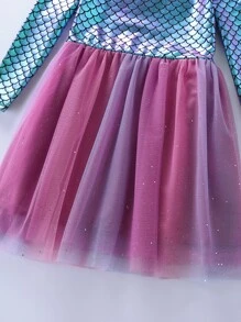Young Girl Long Sleeve Mermaid Mesh Splicing Ombre Long Dress - Purple - View 4