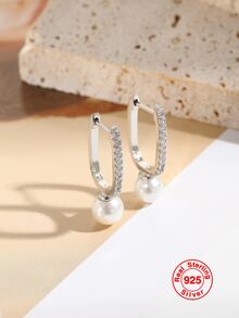 1 对女士银色仿珍珠耳环采用纯 S925 银制成，时尚奢华，是送给女性的完美礼物 - 銀色 - 查看 3