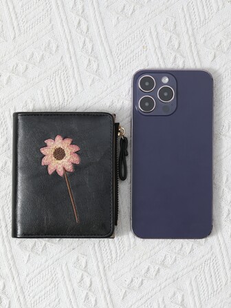 向日葵图案双折短款钱包便携现金白领女性大学生工作商务通勤办公室周年纪念情侣生日礼物情人节礼物女士钱包钱包小钱包