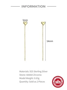 1 paire de boucles d'oreilles à tassels longs en forme de cœur en argent sterling 925, bijoux fins pour femmes, bijoux de fête, cadeaux pour la Saint-Valentin